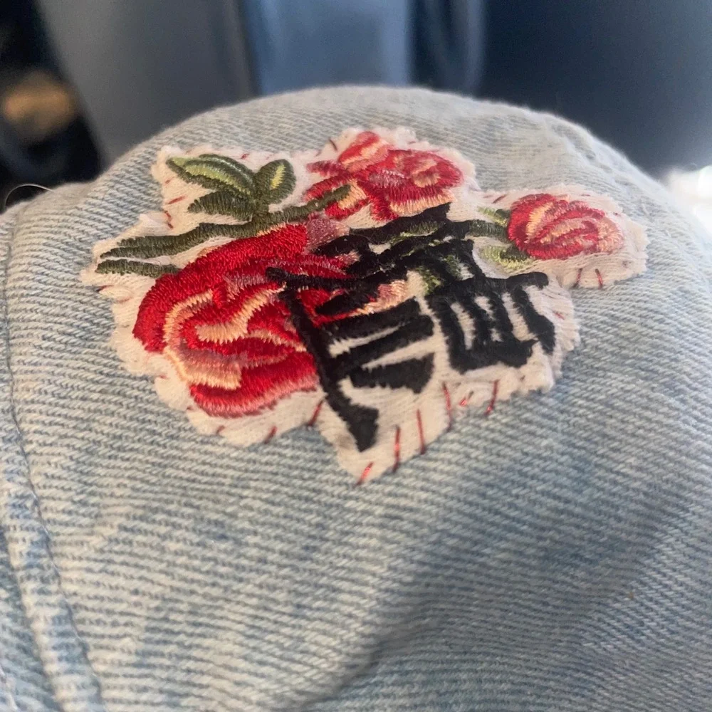 Handmade Denim Embroidered‎ Upcycled Rose Patched Unique Bucket Hat Blue L/XL